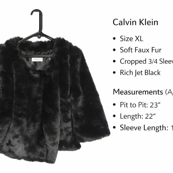 Calvin Klein Faux Fur Jacket XL Black Cropped Evening Coat Soft Glam - Picture 2 of 6
